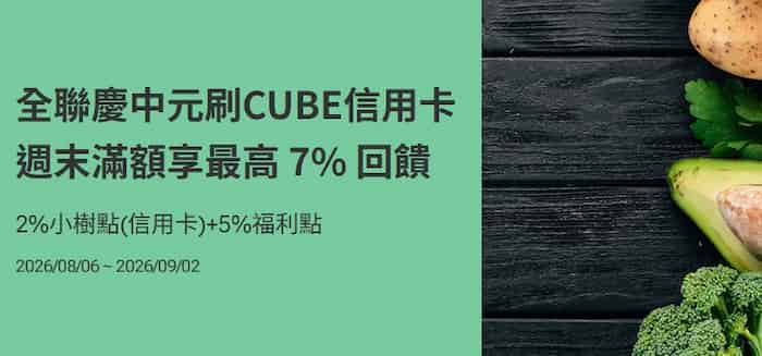 全聯門市刷 CUBE 信用卡，切換集精選權益且週六日單筆滿額享最高 7% 回饋
