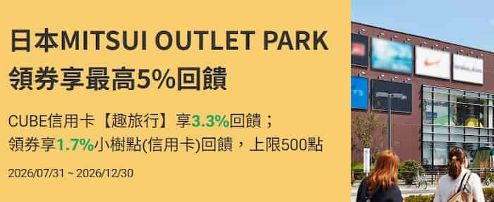 日本 MITSUI OUTLET PARK 領券後刷 CUBE 卡消費，最高享 5% 回饋