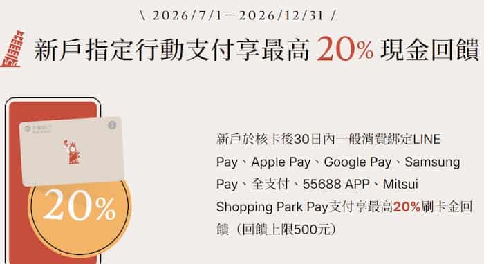 永豐新戶綁指定行動支付消費，核卡後 30 天內享 20% 現金回饋