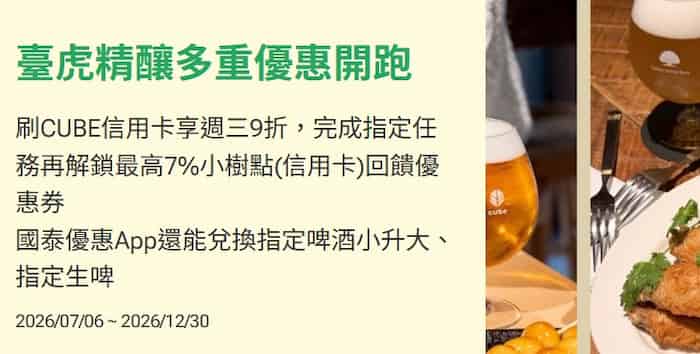 臺虎精釀活動門市用 CUBE 卡消費享最高 7%、週三最高 9 折優惠