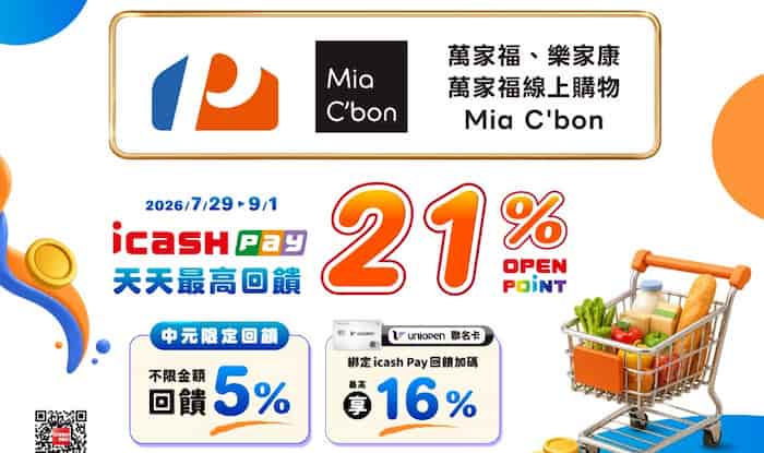 萬家福、樂家康、Mia C'bon 用 icash Pay 消費，享最高 21% 回饋