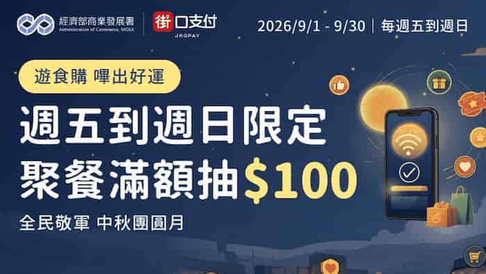 指定餐廳週五~日用街口支付於指定餐飲通路消費滿額,抽 $100 街口幣