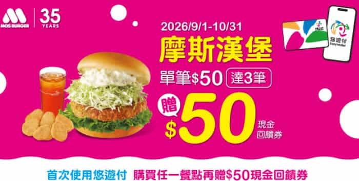 摩斯漢堡門市用悠遊付消費,單筆消費滿 NT$50 且滿 3 筆,贈 $50 現金回饋券